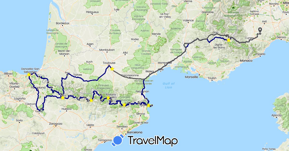TravelMap itinerary: driving, hiking, motorbike in Andorra, Spain, France, Italy (Europe)